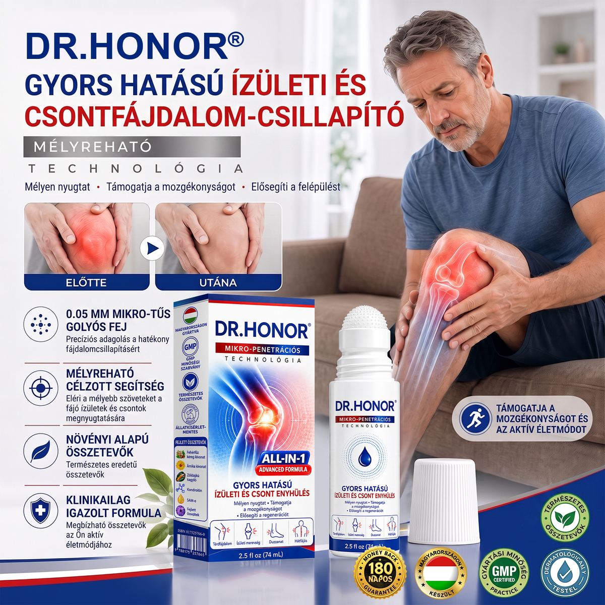OFICIÁLNÍ E-SHOP | DR.HONOR® Mikrojehličkový roll-on 0,05 mm s rychlým účinkem pro úlevu od bolesti kloubů a kostí 🦴