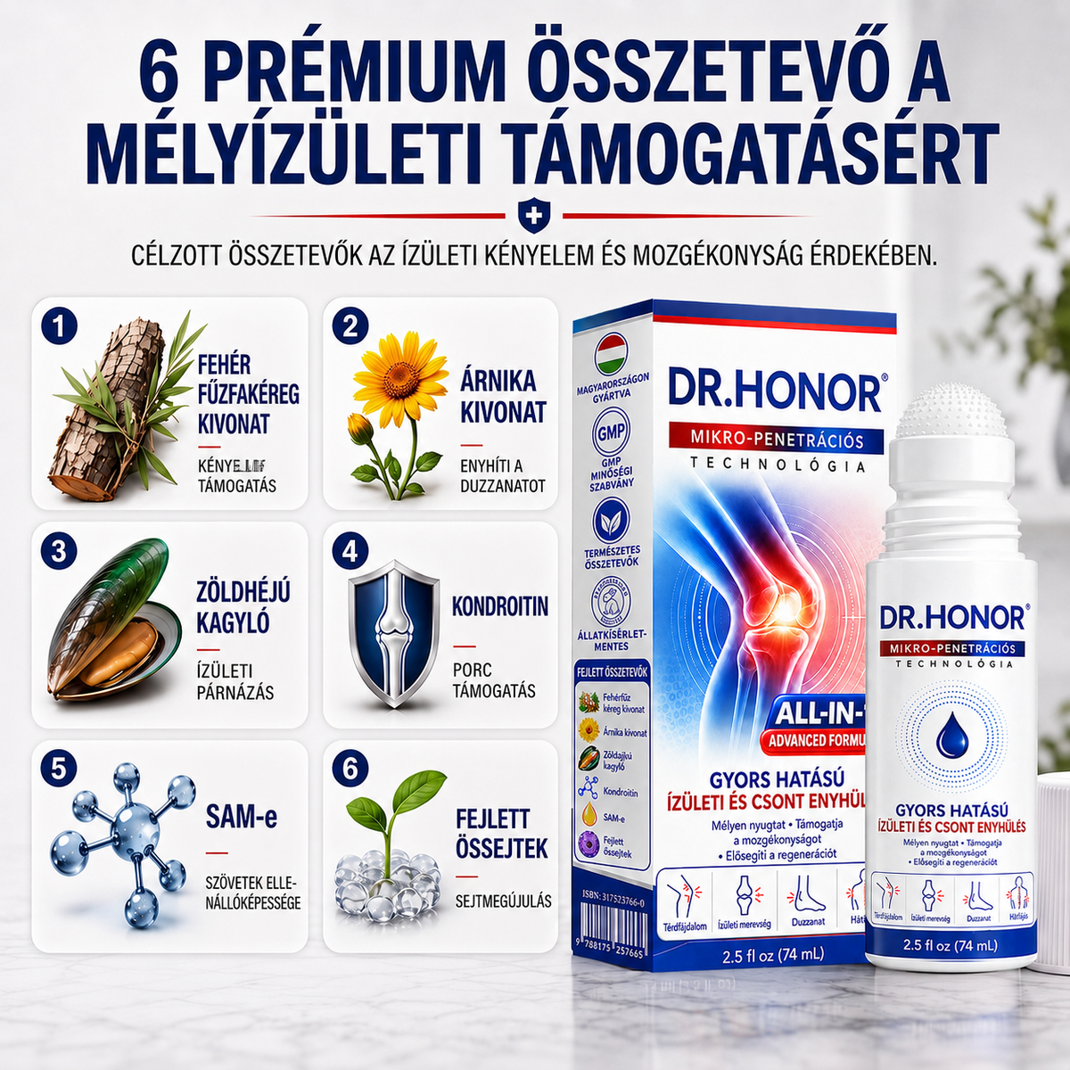 OFICIÁLNÍ E-SHOP | DR.HONOR® Mikrojehličkový roll-on 0,05 mm s rychlým účinkem pro úlevu od bolesti kloubů a kostí 🦴